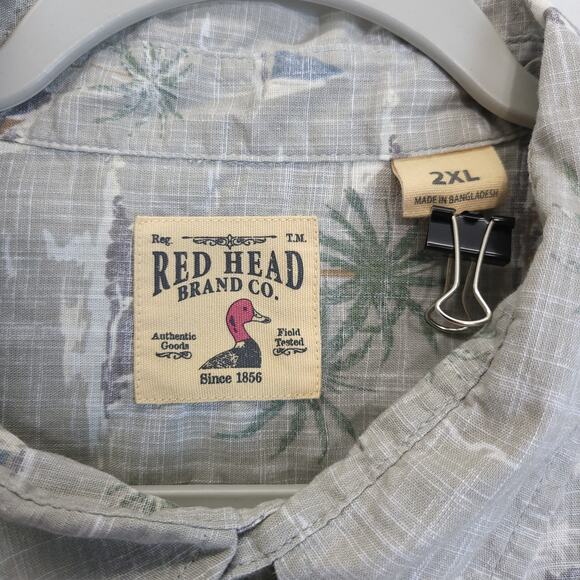 Redhead Button Down Shirt Tropical Sailboat Men 2XL Gray Cotton Short Sleeve - Picture 7 of 11